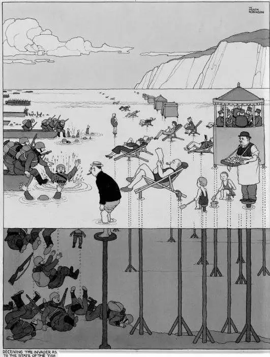 Deceiving the invader as to the state of the tide, William Heath Robinson (1872-1944) sea ocean