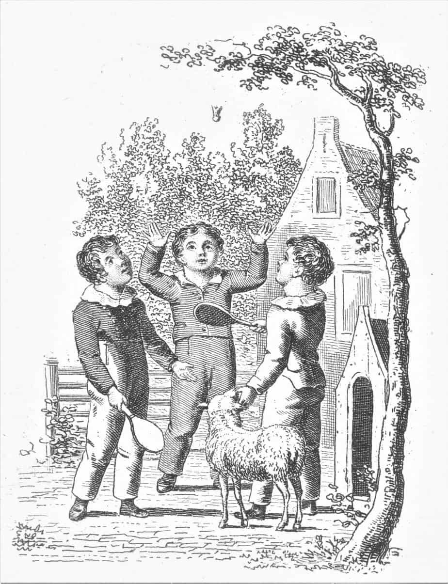 Drie kinderen spelen badminton of pluimbal, Johannes Alexander Rudolf Best, 1807 - 1855