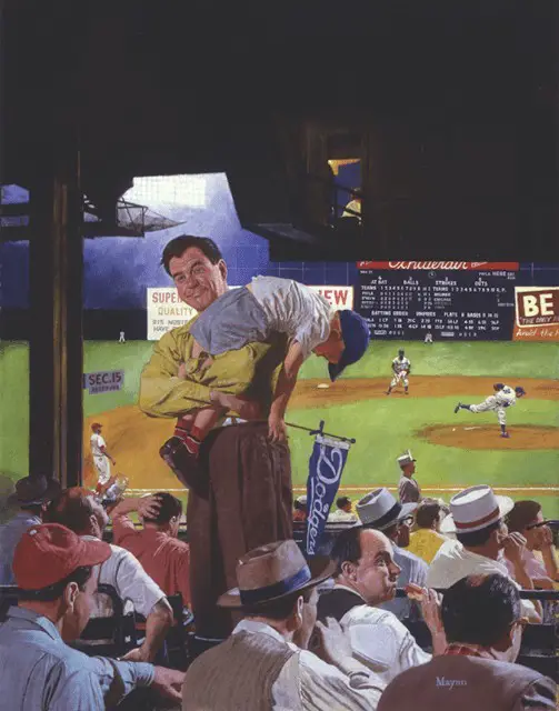 EARL MAYAN (1916-2009) “DAD CARRING SLEEPING SON FROM BALL GAME” 1955 baseball