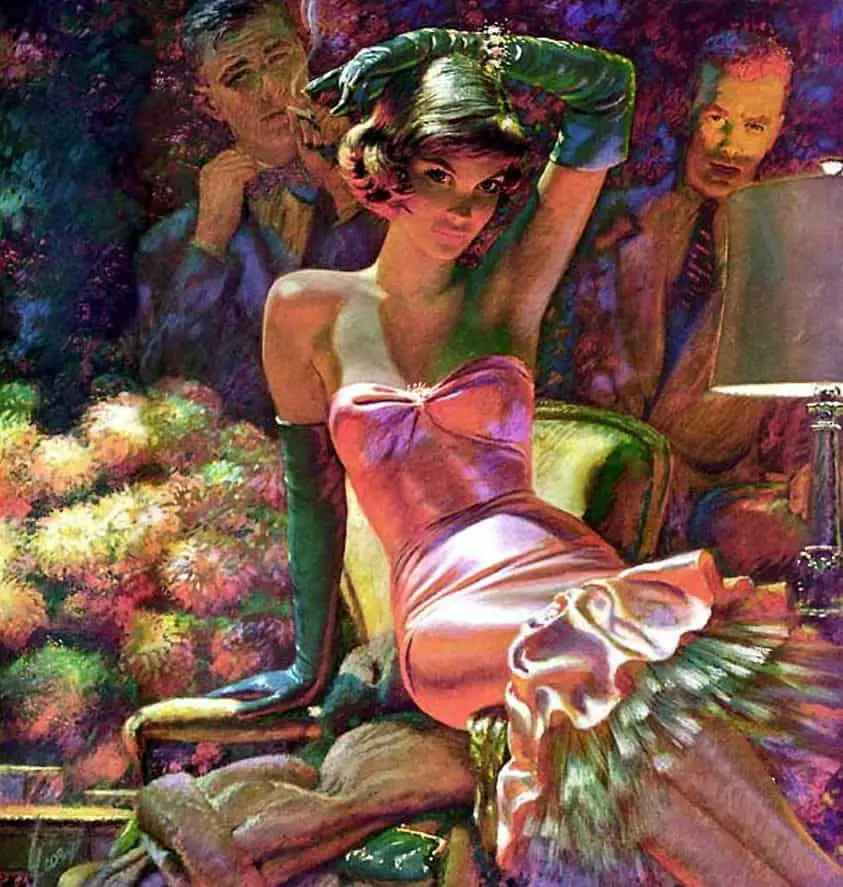 Edwin Georgi, 'The Flashy Type', Saturday Evening Post, 1958. "The red satin gown gave Evelyn the impact of a twenty-millimeter shell"
