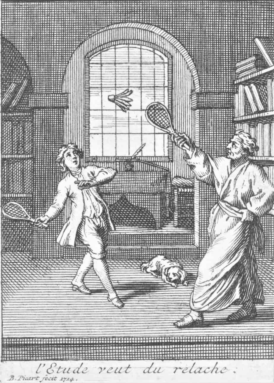 Een leraar speelt badminton met zijn leerling, Bernard Picart, after Gerard de Lairesse, 1714