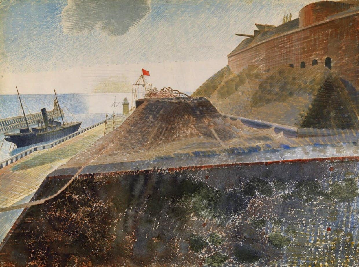 Eric Ravilious, Coastal Defences, 1940. Scene below Newhaven Fort, close to Newhaven Harbour in East Sussex concrete