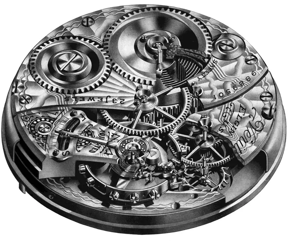 Factory cutaway illustration of an 18 size 'Veritas' 23 ruby-jewel pocket watch, displaying its astonishing intricacy, circa 1903. That year, Henry Ford founded Ford Motor Company