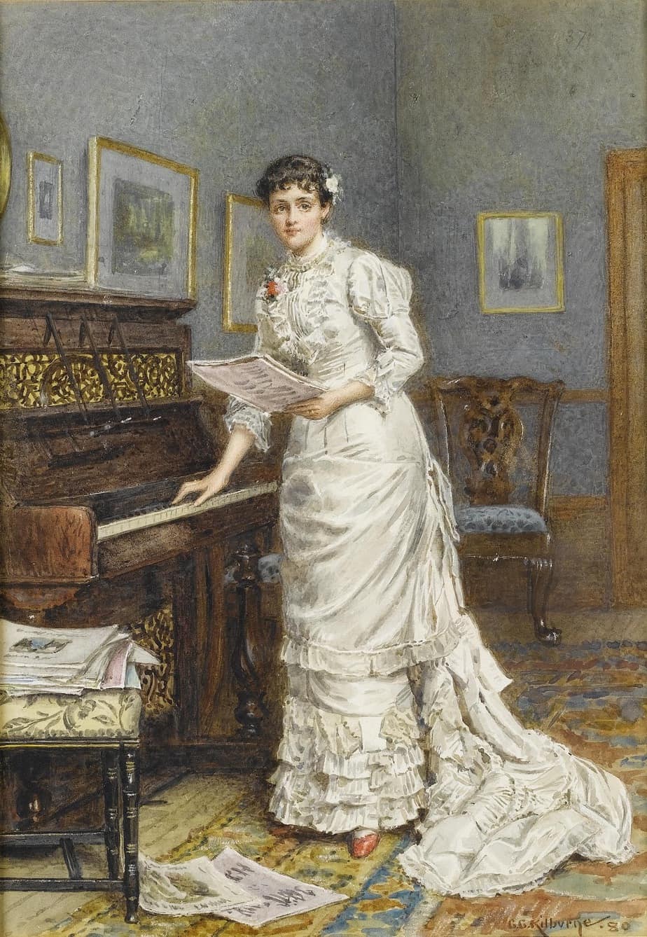 George Goodwin Kilburne - A Young Woman at a Piano 1880
