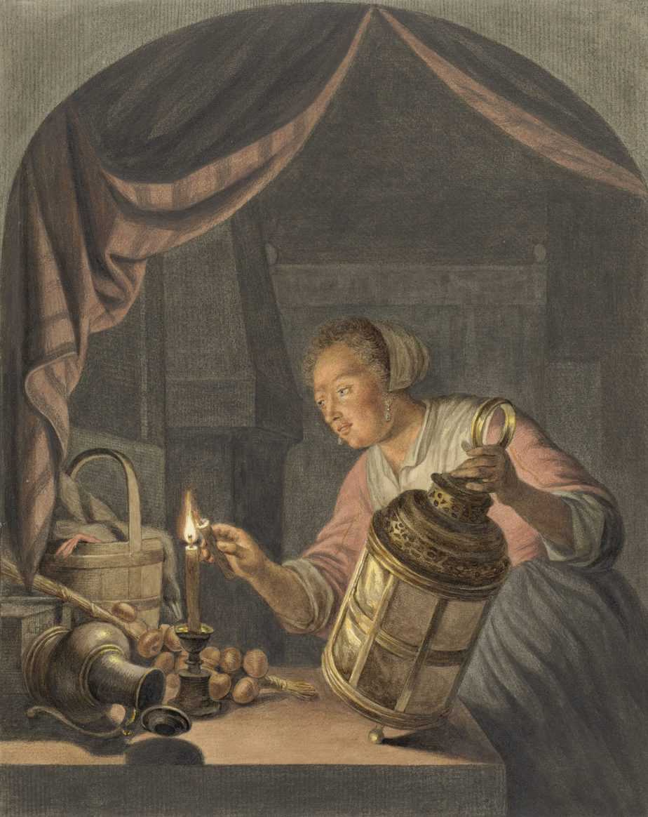 Girl lighting a lantern, Abraham Delfos, after Gerard Dou, 1795 lighting