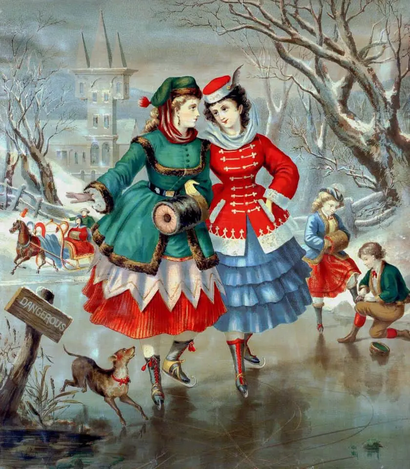 Hand-colored lithograph; no artist or publisher listed. American, circa 1874, ice skating
