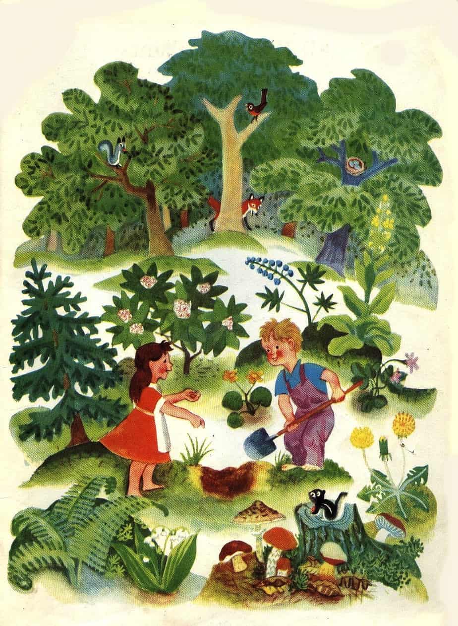 Jane Werner (1914-2005) and Cornelius De Witt (1925-1970) collaborated and produced this 1949 book called- Words How They Look and What They Tell digging hole in forest
