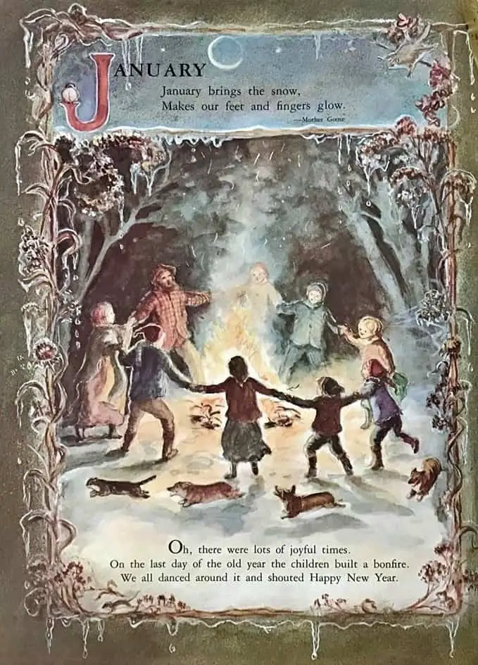 January from A Time to Keep, my Book of Holidays written and illustrated by Tasha Tudor, published by Macmillan, New York, 1977 bonfire