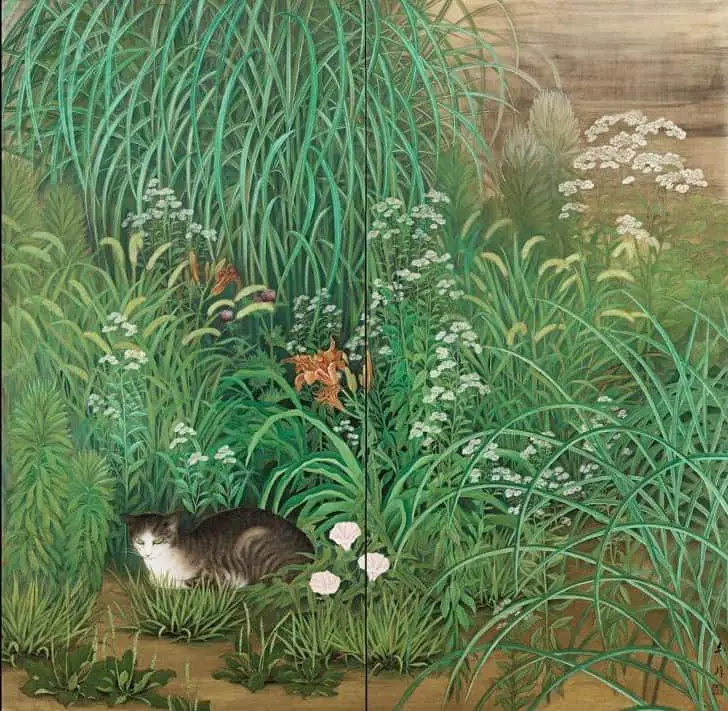 Kagayama Hakuho, Byobu with Cat Lazing in a Summer garden,1920 – 1930