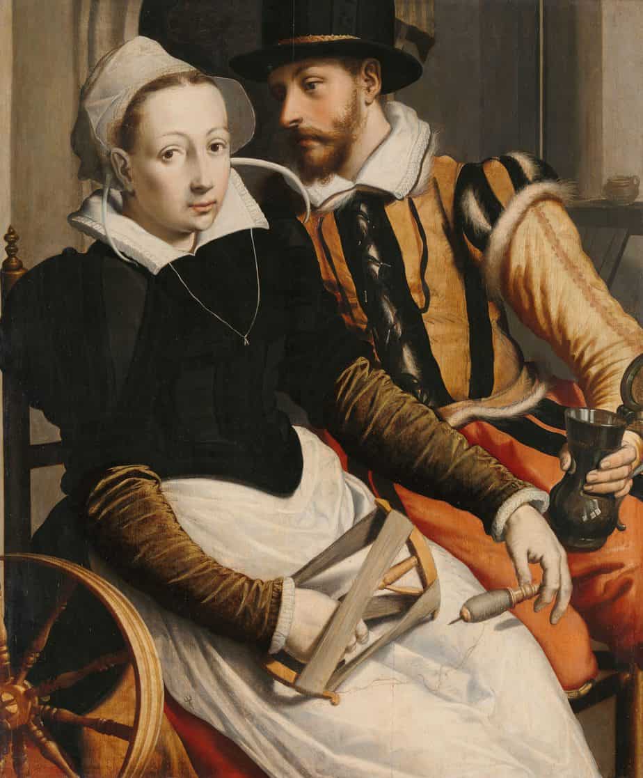 Man and Woman at a Spinning Wheel, Pieter Pietersz. (I), c. 1560 - c. 1570. Despite their individualized features, it is uncertain whether the depiction of this elegantly dressed couple was intended as a portrait. The scene nevertheless carries a clear message. The man holding a tankard is seducing the young woman, who stares directly at us. She must choose between the spinning wheel and the tankard, between virtue and vice.