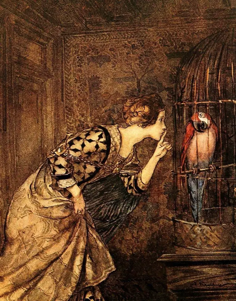 Mary Colven and the Parrot, Arthur Rackham, 1919 bird