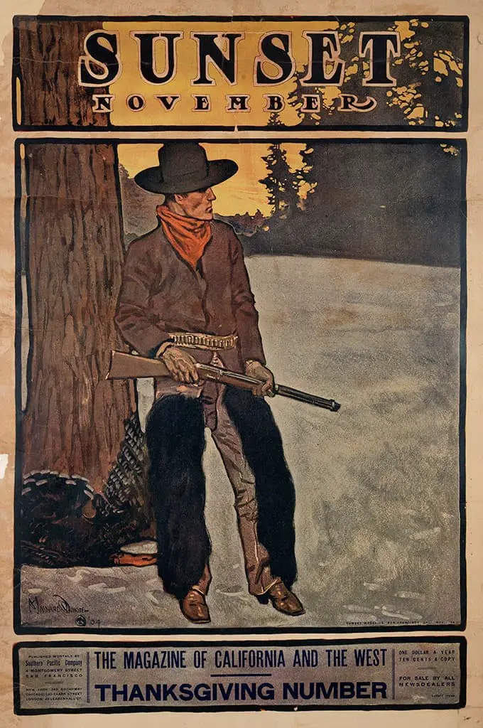 Maynard Dixon (1875 - 1946), Sunset Magazine November, November 1904, lithograph on paper cowboy gun