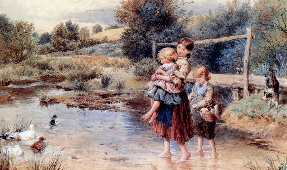 Myles Birket Foster - Children Paddling In A Stream