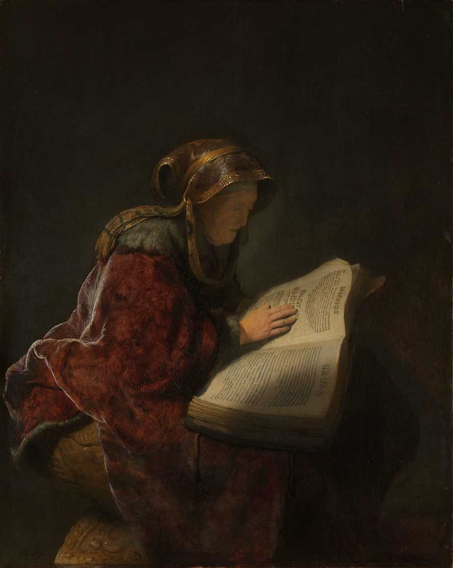 Old Woman Reading, Probably the Prophetess Anna, Rembrandt van Rijn, 1631, Biblical figure who served God via fasting and prayer