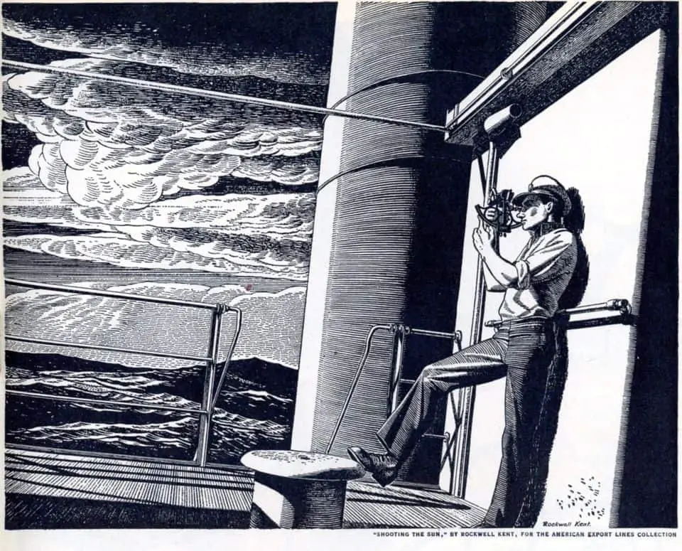 Rockwell Kent (1882–1971) Shooting the Sun, illustration for an advertisement for American Export Lines from the April 1946 Atlantic Monthly