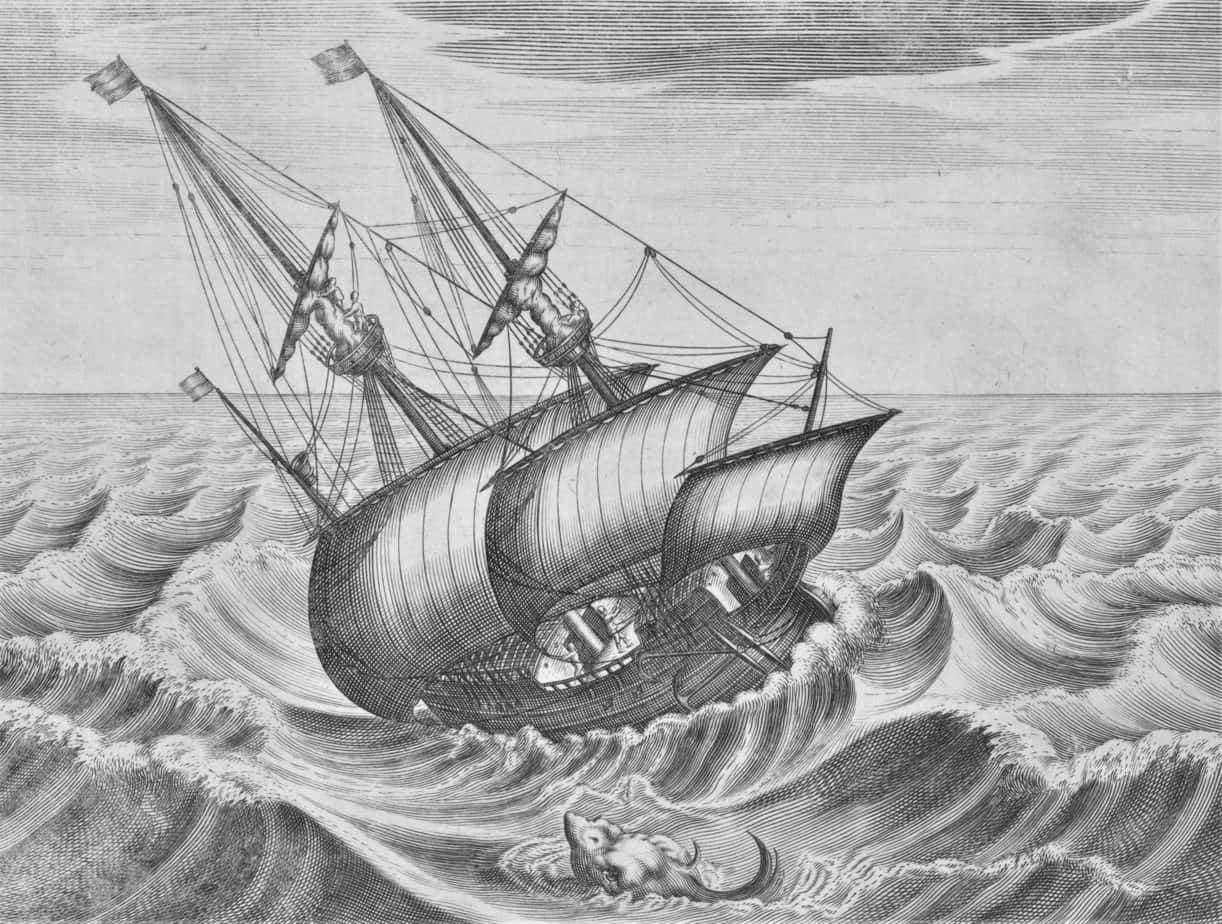 Sailing ship on raging waves, anonymous, after Pieter Bruegel (I), 1600 - 1625