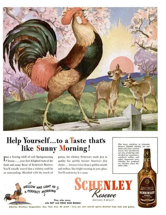 Schenley Whiskey c.1940's Art by Roy Huse Collins rooster