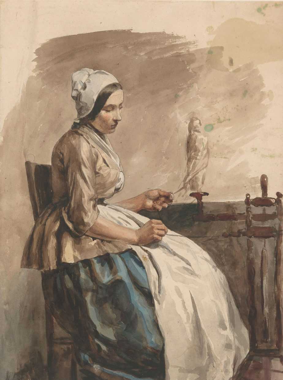 Spinnende jonge vrouw, Jan Weissenbruch, 1832 - 1880