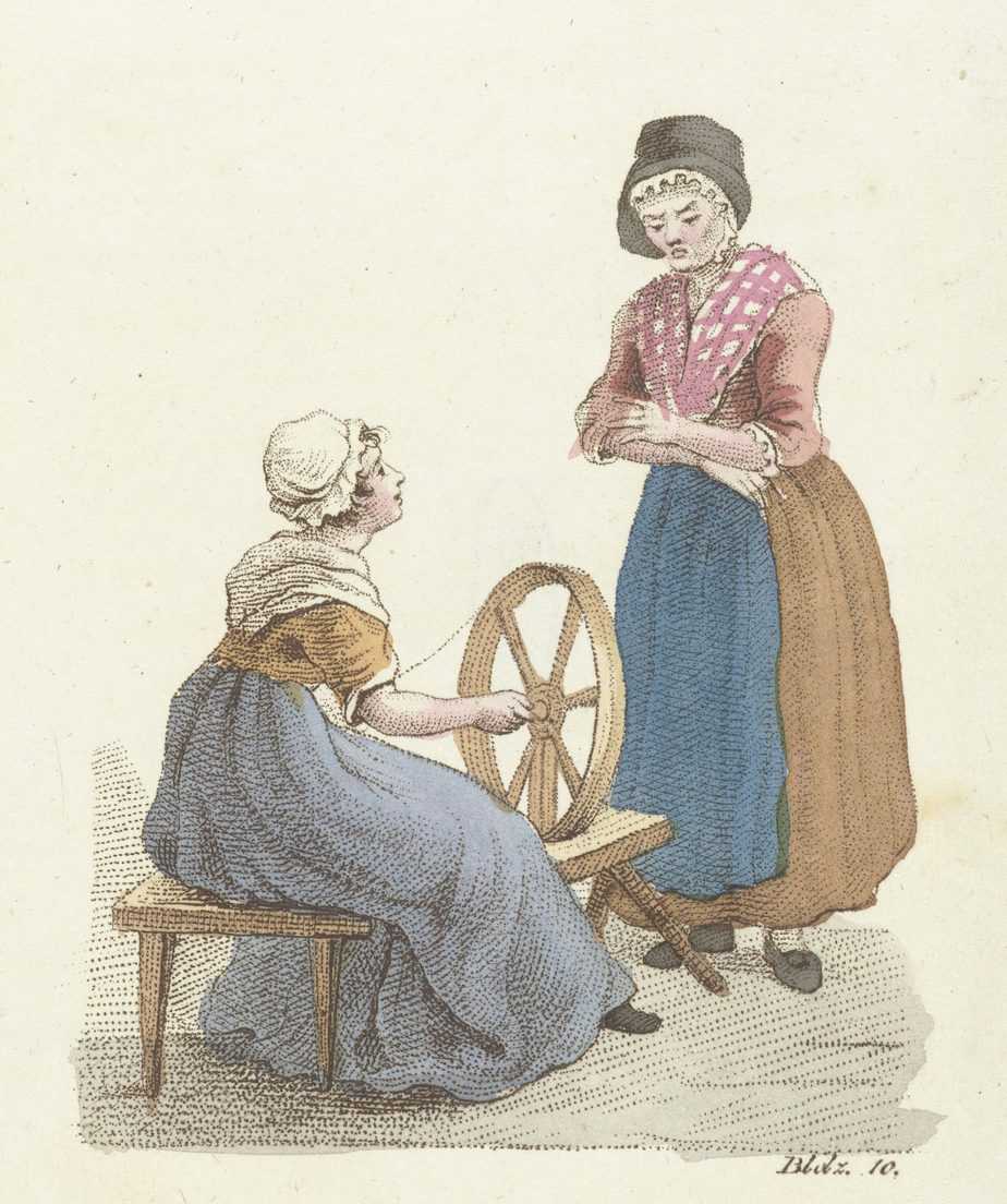 Spinnende vrouw in gesprek met vrouw, Johannes Alexander Rudolf Best, 1823