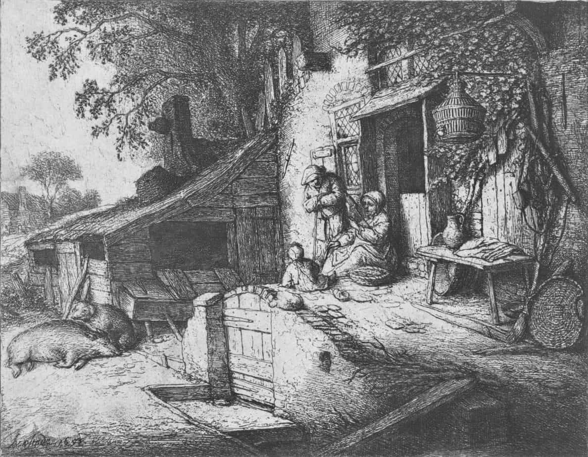 Spinnende vrouw voor een huis, Adriaen van Ostade, 1652