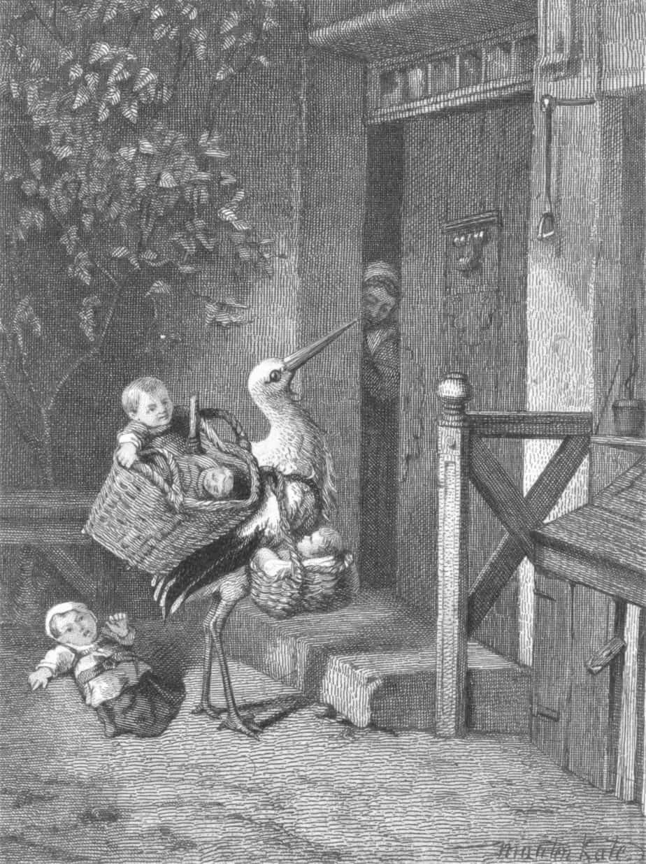 Stork with babies at a front door, Edouard Taurel, after Mari ten Kate, 1846 - 1892