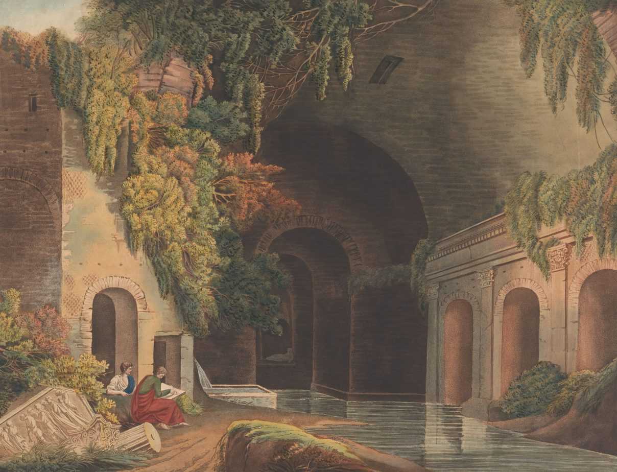 Two draftsmen at the Nymphaeum of Egeria in the Caffarella Park near Rome, Francis Jukes, 1796