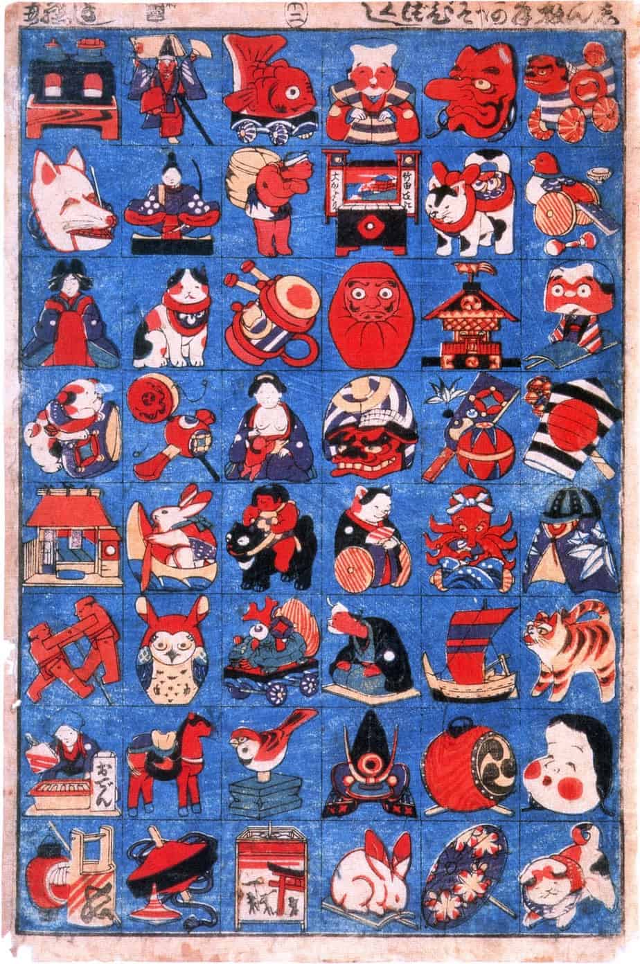 Utagawa Yoshifuji, Toy zukushi, 1858 red blue collage