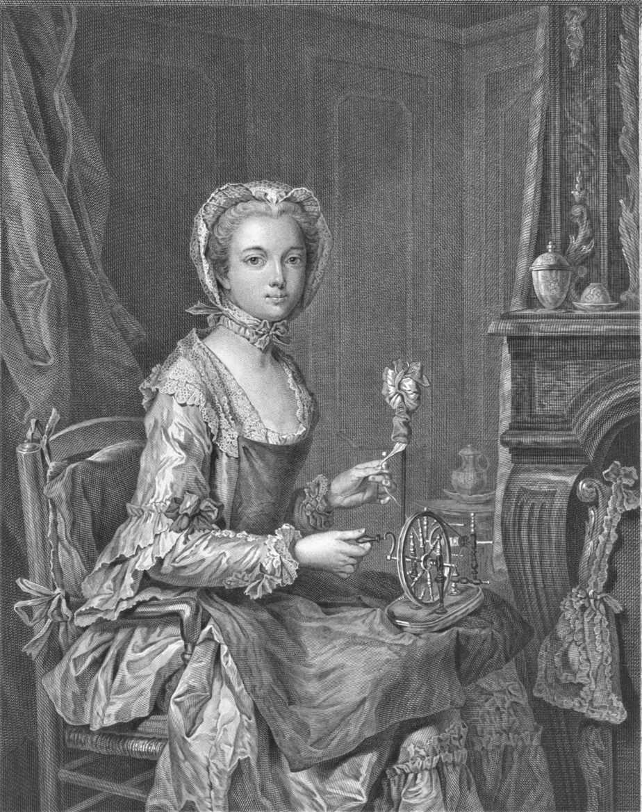 Vrouw aan spinnewiel, Justus Chevillet, after Johann Kaspar Heilmann, 1762