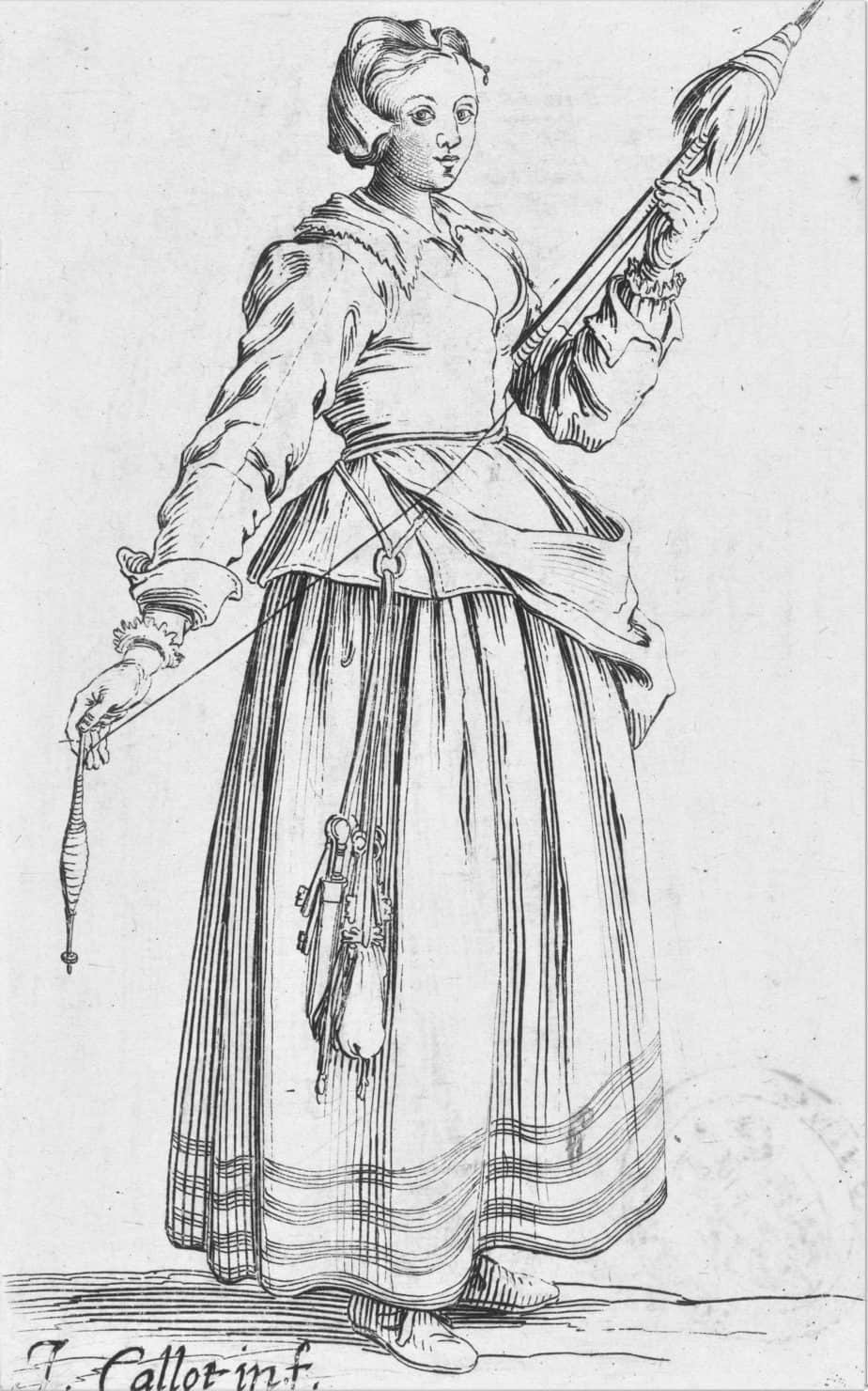 Vrouw met spinrokken en een haspel in de handen, Jacques Callot, 1630 - 1661