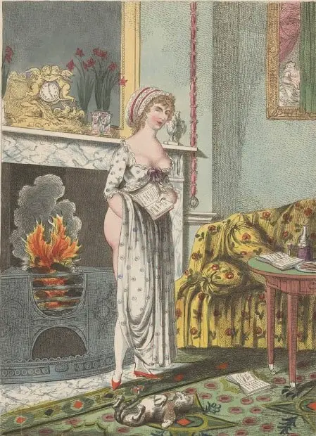 Vrouw warmt zich aan de haard, een boek in haar hand, Charles Williams, 1801 hearth