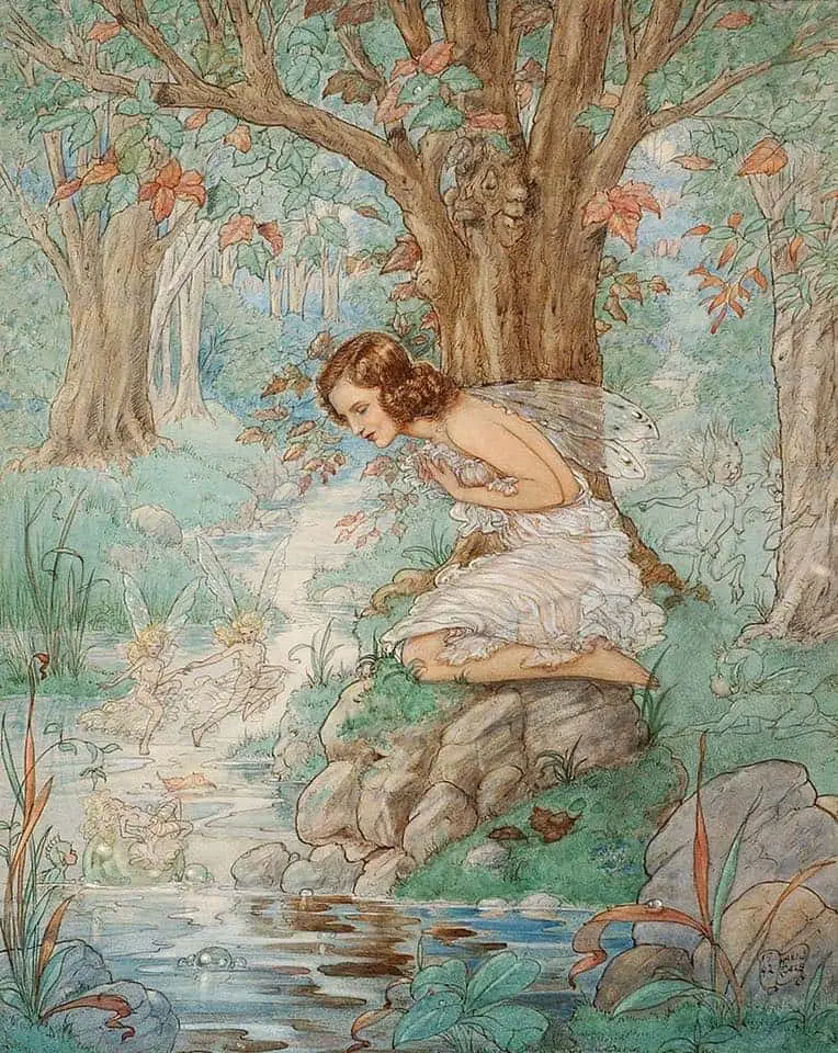 Watercolor illustration by Harold Gaze (1885-1963) fairy stream