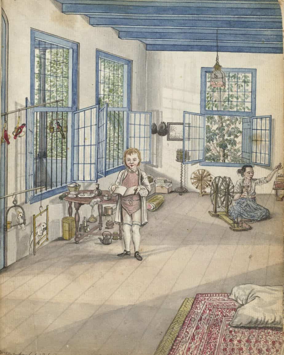 Woonkamer met zoon Jantje en spinnende slavin Flora, Jan Brandes, 1784