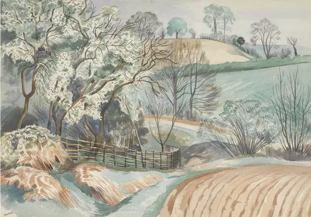 c1945 Lane by a Wood John Nash red blue