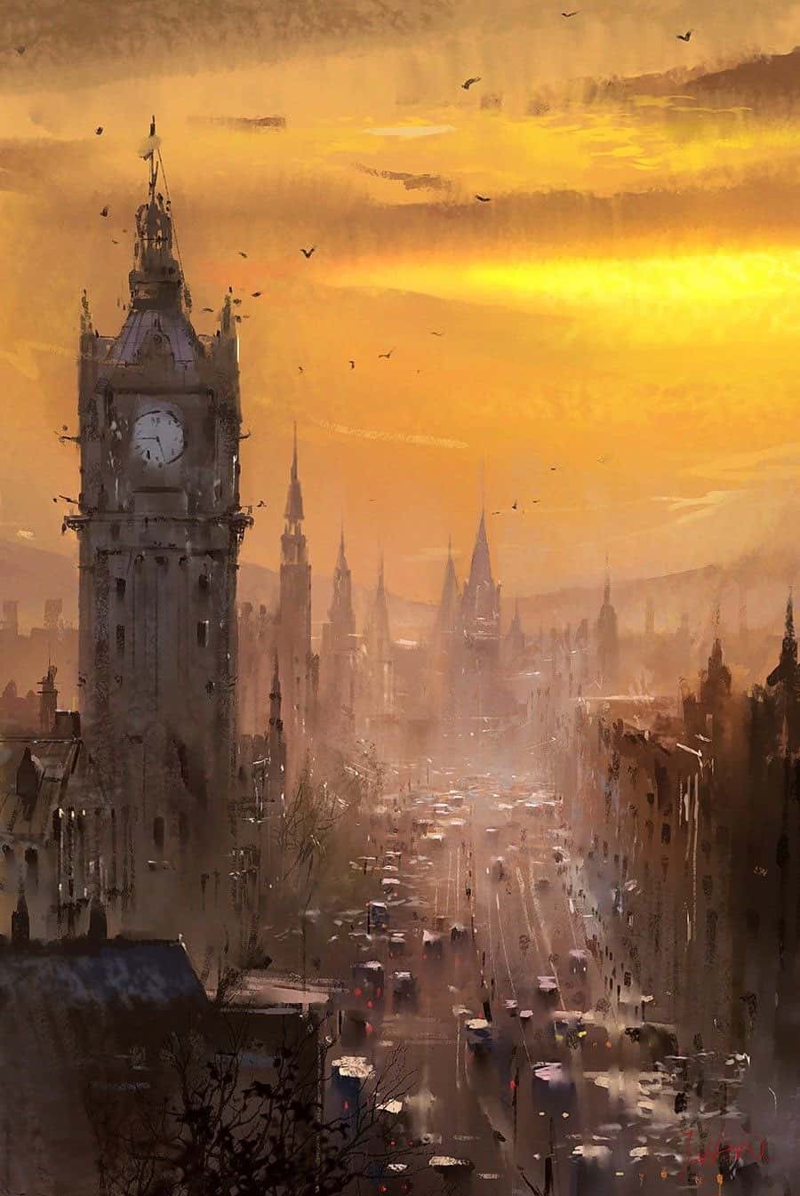 ‘Sunset’ by Artist Ivan Xiaotu. Watercolour Cityscape