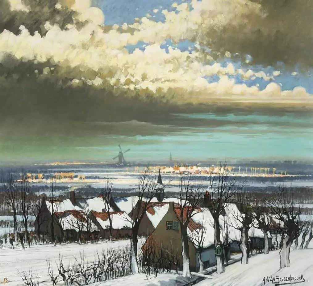 Achiel Van Sassenbrouck (Belgian, 1886 - 1979) Winter landscape windmill snow cathedral