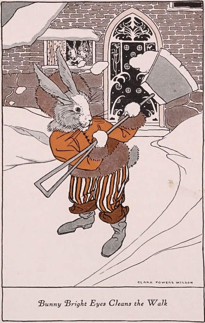 Clara Powers Wilson from 'The Pixie In The House by Laura Rountree Smith, 1915 shovelling snow