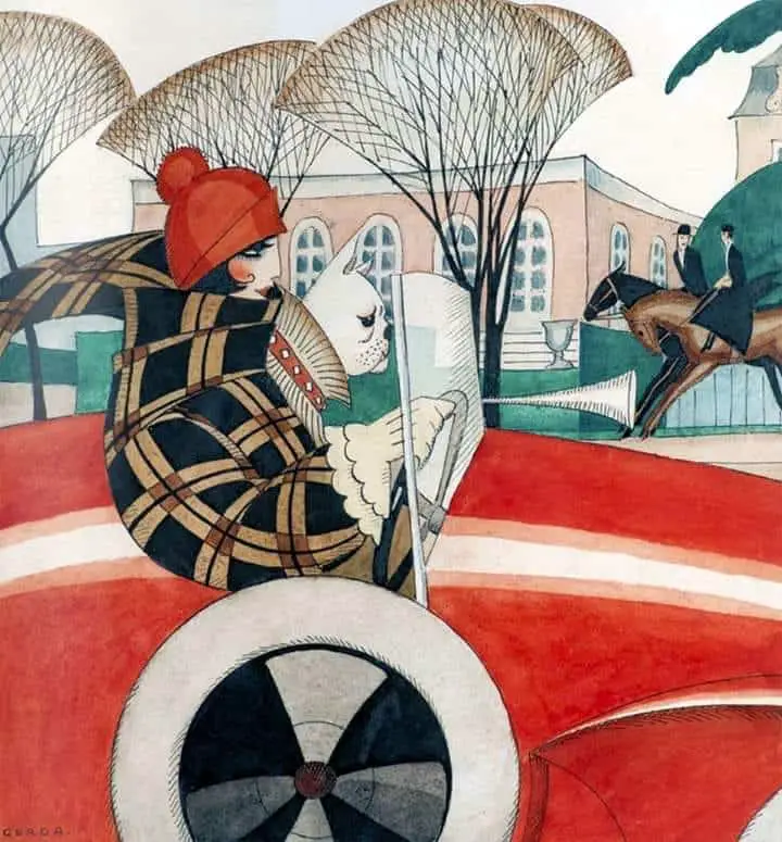 Girl and pug in an automobile, 1927 by Gerda Wegener red blue