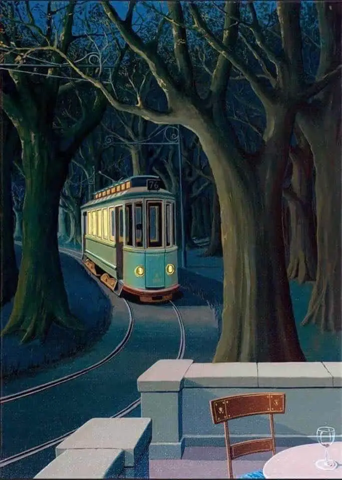 Joop Polder is a contemporary artist  born in 1939 in The Hague, The Netherlands.. This one is called Tram In The Forest, completed in the 1970s.