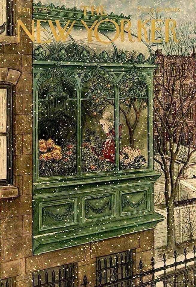 Mary Petty (American, 1899-1976) 1952 conservatory snow