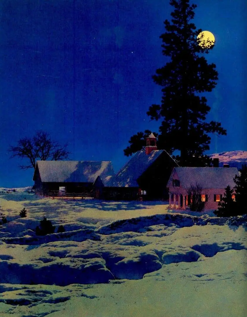 Maxfield Parrish (American, 1870-1966) - Moonlight Night, Winter, 1942