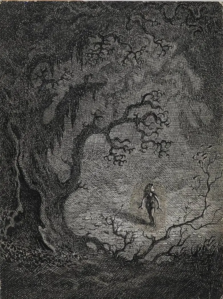 Mervyn Peake (1911-1968) illustration for Our Lady's Child, Grimm fairytale creepy trees