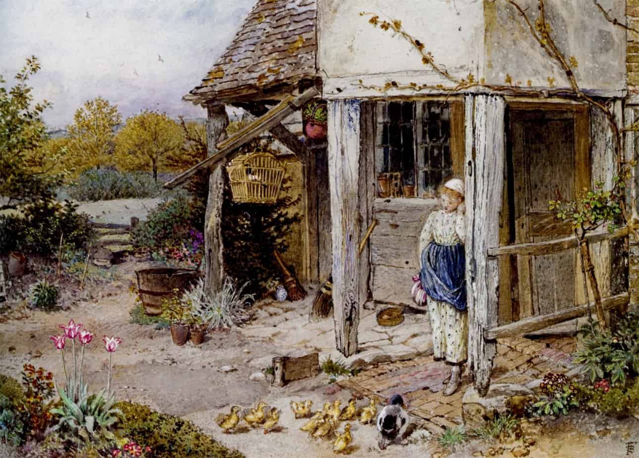 Myles Birket Foster - Girl Outside a Cottage chickens