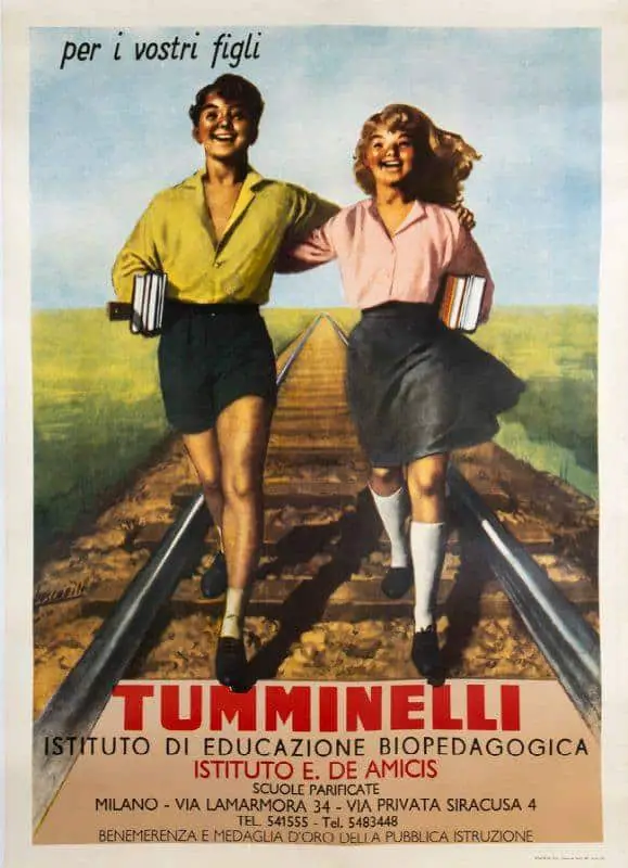 Poster by Boccasile, circa 1950 train track walk to school