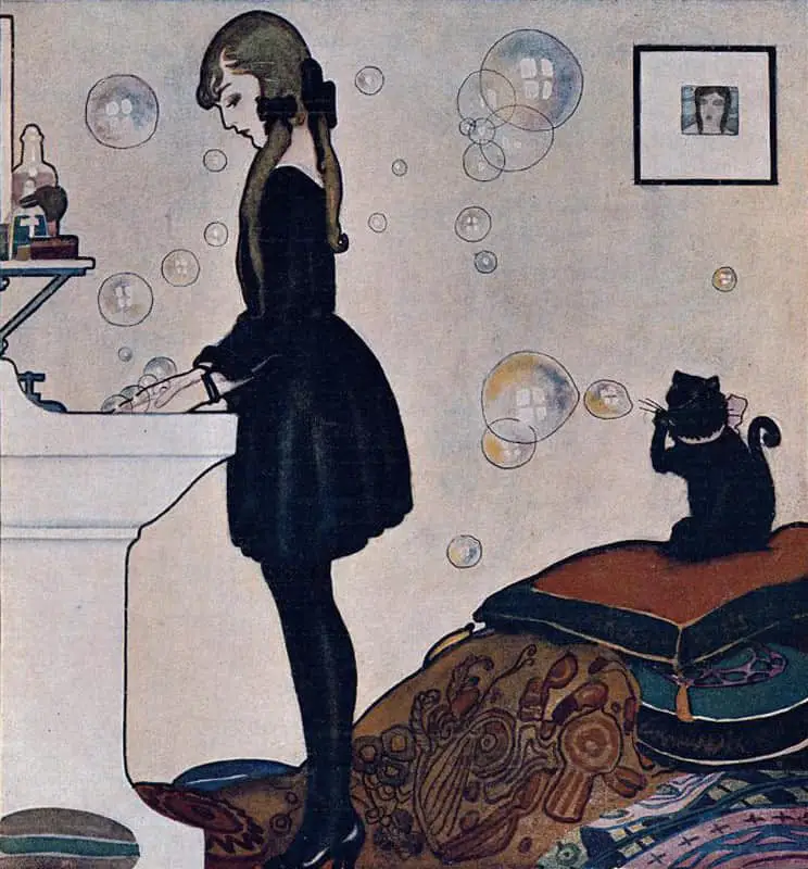Rafael de Penagos, illustration for the perfumery Floralia (also reproduced on the cover of La Esfera, 1926) girl cat