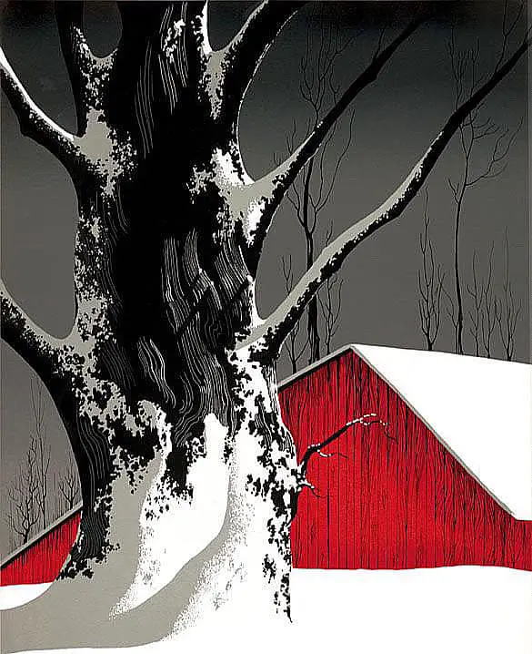 Red Barn and Tree Snow (1976) by Eyvind Earle (American, 1916-2000), serigraph on paper