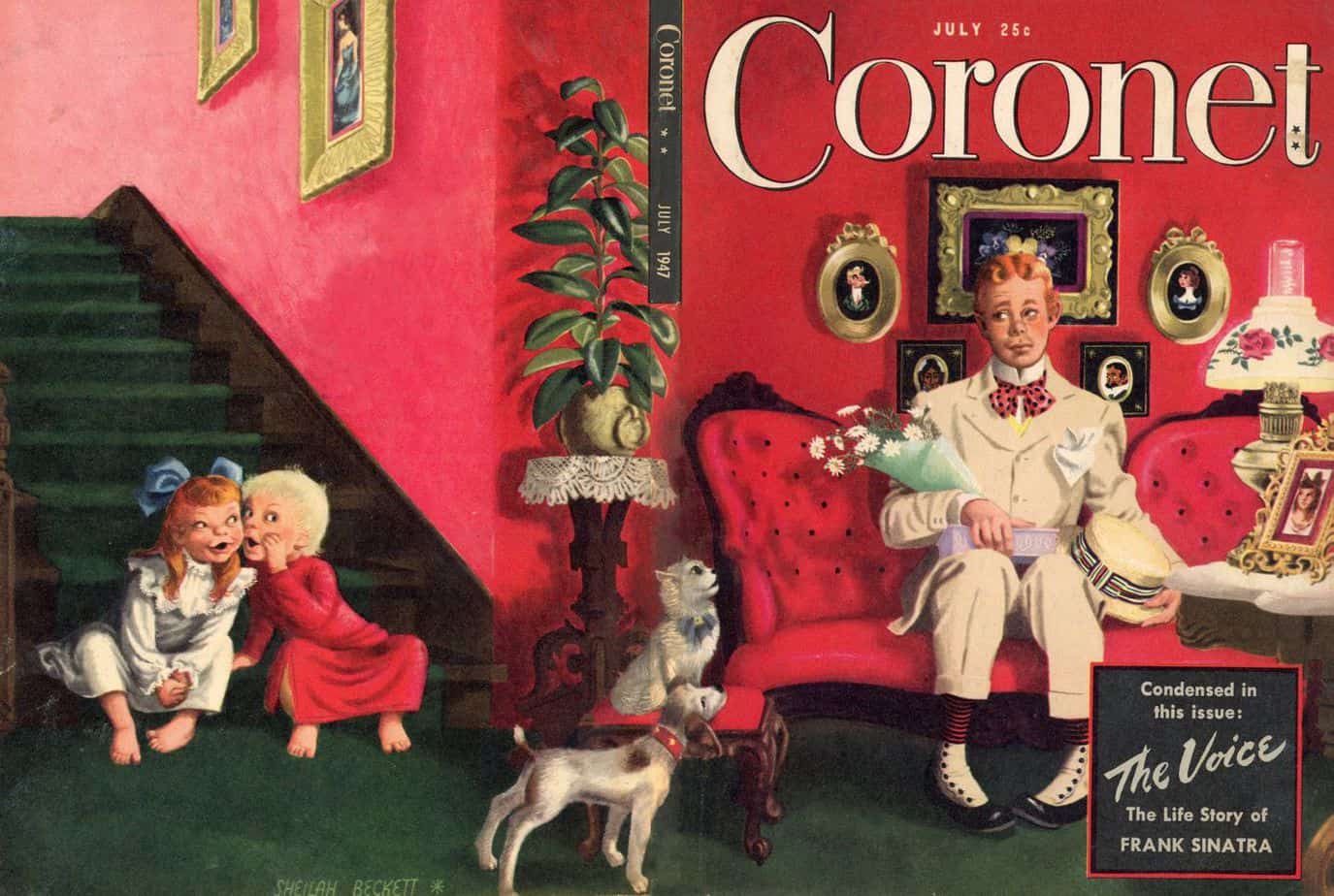 Sheilah Beckett (1913–2013) cover for the July 1947 issue of Coronet stairs