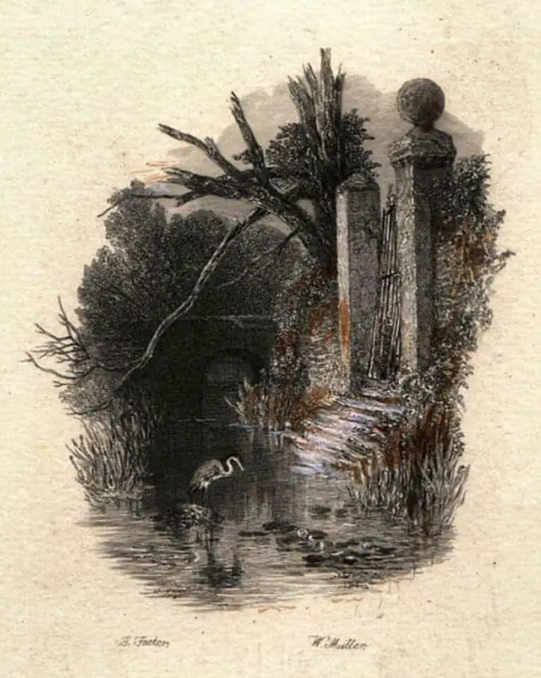 The Haunted House 'And in the weedy moat the heron,’ engraving by William Miller after Birket Foster, published in Hood's Poems p45 illustrated by Birket Foster, E. Moxon, Son & Co., London 1872