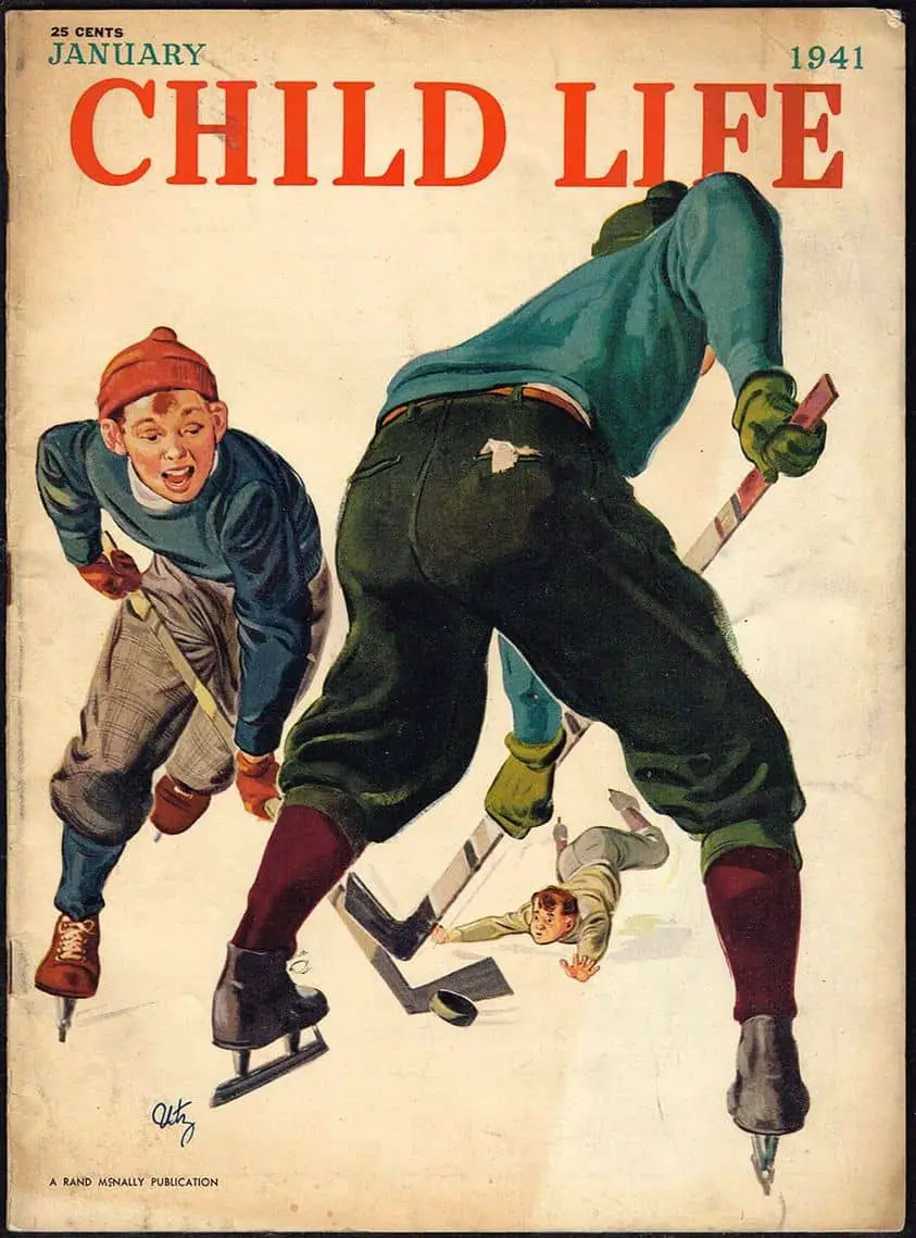 Thornton Utz, cover illustration for the January 1941 issue of Child Life hockey