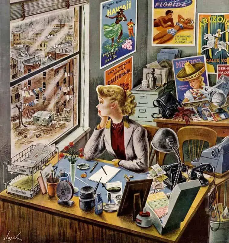 Travel Agent at Desk by Constantin Alajalov (1900-1987) 1949