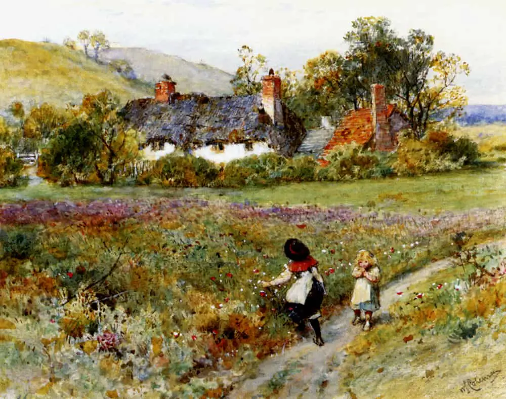 William Stephen Coleman - Children Playing on a Path, Cottages Beyond